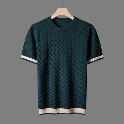 Men's Round Neck Contrast Color Jacquard Texture Slim-fit Short Sleeve Green GlamzKart