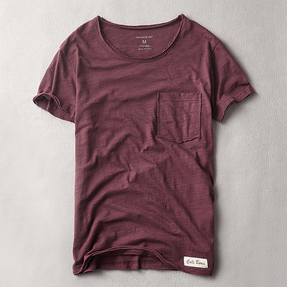 Men's T-shirt Thin Cotton Solid Color Short Sleeve Dark Red GlamzKart