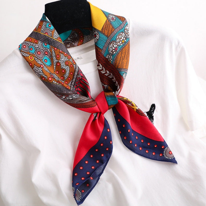Female Hood Fashionable Silky Satin Wrapped Breathable Noble Saddle Navy Blue Edge 70x70cm GlamzKart