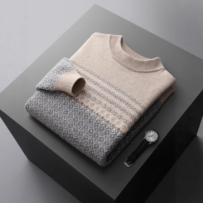 Men's Pure Wool Sweater Loose-fitting Casual Round-neck Color Matching GlamzKart