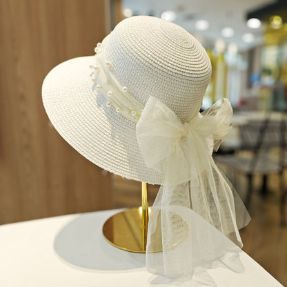 Lace Bow Pearl Big Brim Face-looking Sun-proof And Breathable Sun Fisherman Hat Milky White GlamzKart
