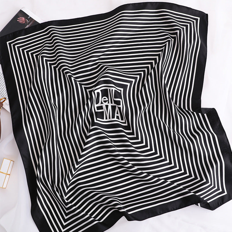 Female Hood Fashionable Silky Satin Wrapped Breathable Black Stripes 70x70cm GlamzKart