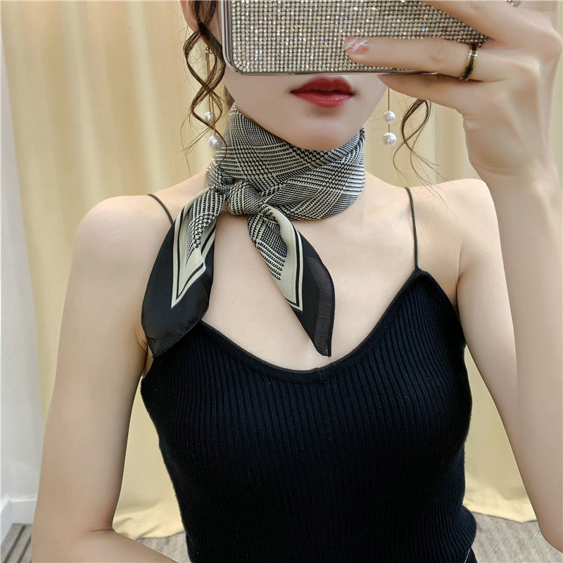 Female Hood Fashionable Silky Satin Wrapped Breathable Ins Retro Plaid Beige 70x70cm GlamzKart