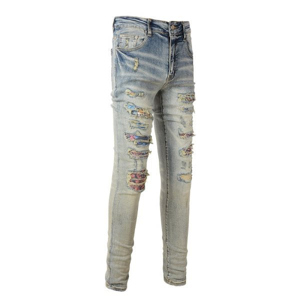 Meigao Street Vintage Crumpled Ripped Cat Beard Patch Printed Jeans Men GlamzKart