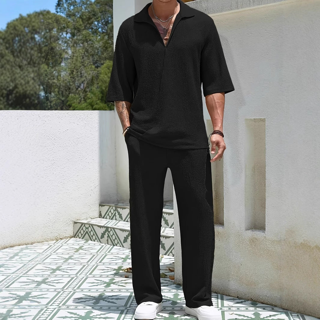 Commuter Men's Casual Shirt Solid Color Half Sleeve Trousers Two-piece Suit GlamzKart