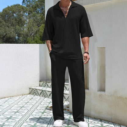 Commuter Men's Casual Shirt Solid Color Half Sleeve Trousers Two-piece Suit GlamzKart
