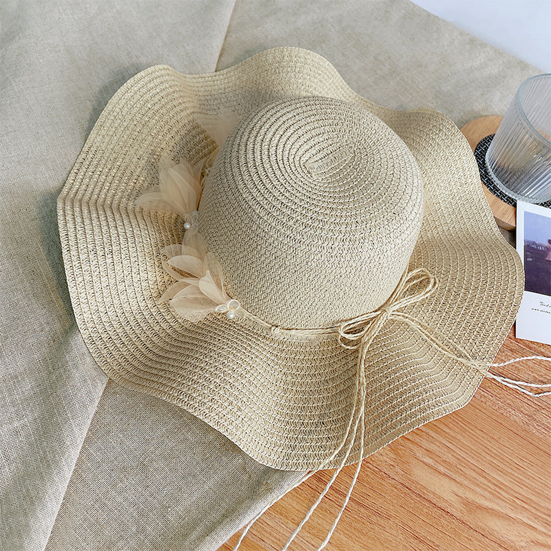 Sun-proof Bow Seaside Vacation Beach Large Straw Hat Beige GlamzKart