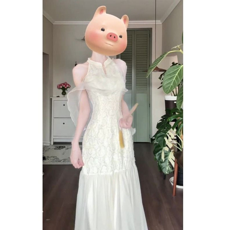 New Chinese Gentle Temperament Jacquard Sleeveless Halter Dress GlamzKart
