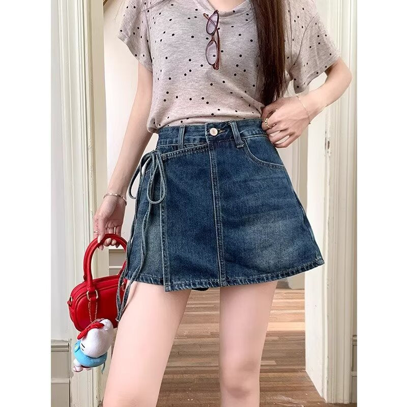 Fake Two Pieces Denim Shorts Summer A- Line High Waist Irregular GlamzKart