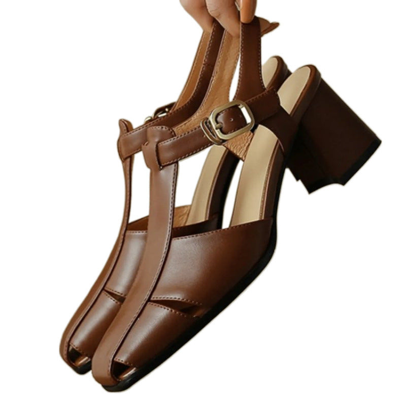 Hollow Retro Closed Toe Chunky Heel Sandals For Women GlamzKart