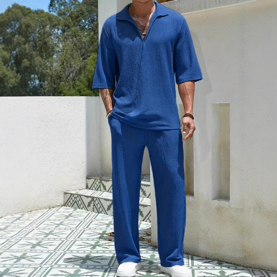 Commuter Men's Casual Shirt Solid Color Half Sleeve Trousers Two-piece Suit GlamzKart