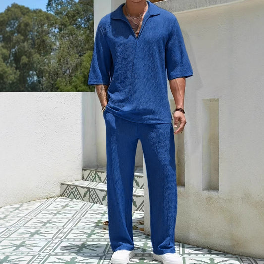 Commuter Men's Casual Shirt Solid Color Half Sleeve Trousers Two-piece Suit GlamzKart