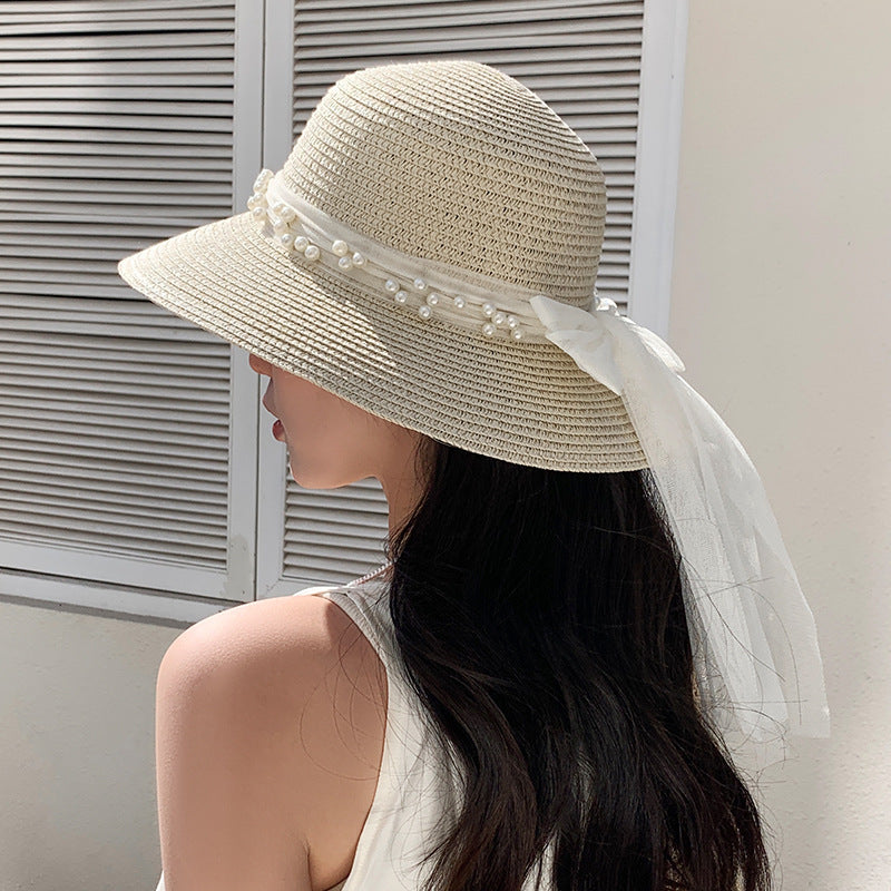 Lace Bow Pearl Big Brim Face-looking Sun-proof And Breathable Sun Fisherman Hat GlamzKart