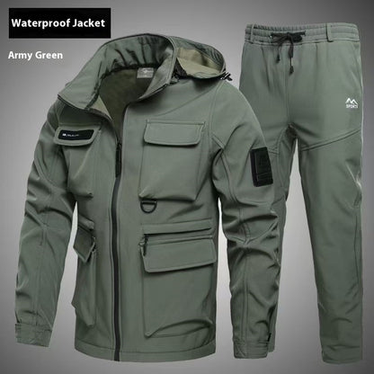 Autumn And Winter Fleece-lined Waterproof Jacket Suit 622 Sets Army Green GlamzKart