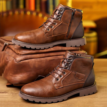 Men's Color Matching Casual Side Zipper Middle Tube Leather Boots GlamzKart