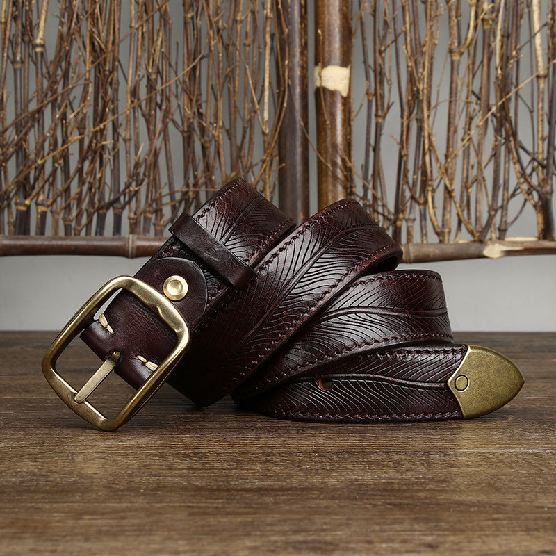 3.8CM Wide Thick Double-sided Cowhide Brass Buckle Belt GlamzKart
