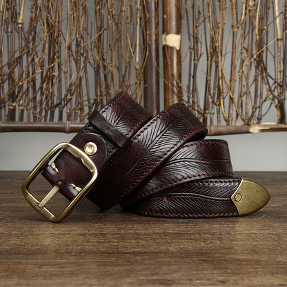 3.8CM Wide Thick Double-sided Cowhide Brass Buckle Belt Coffee GlamzKart
