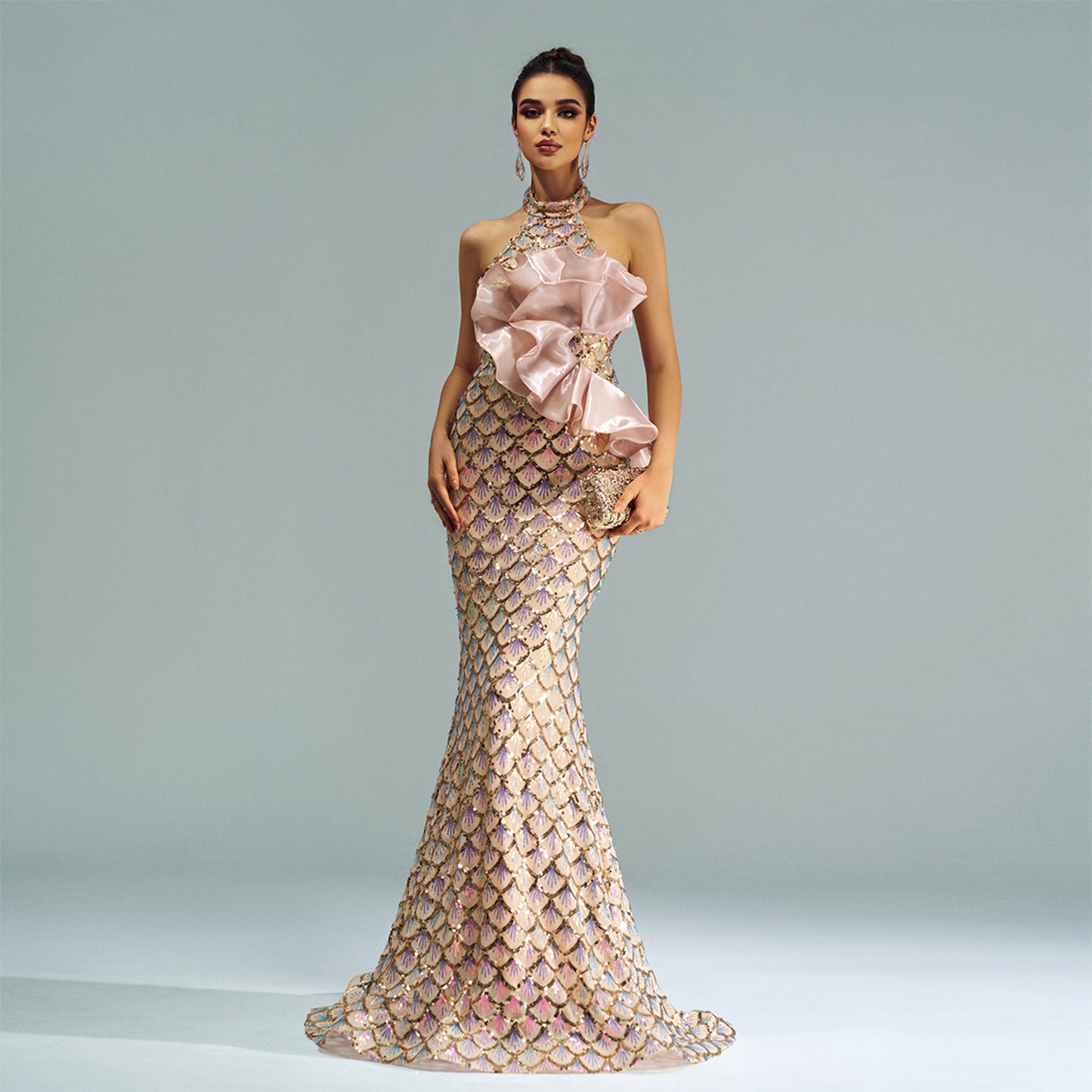 Halter Sequined Mermaid Evening Dress Champagne GlamzKart