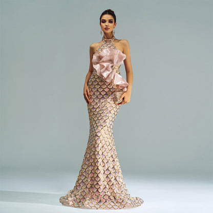 Halter Sequined Mermaid Evening Dress Champagne GlamzKart