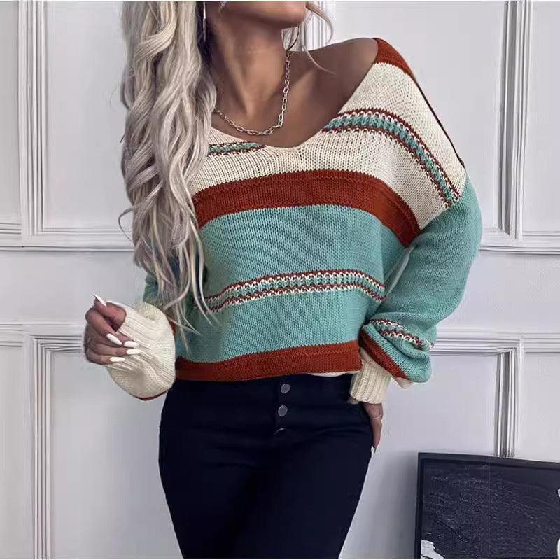 Women's V-neck Casual Loose Contrast Color Striped Pullover GlamzKart