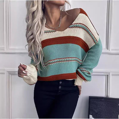 Women's V-neck Casual Loose Contrast Color Striped Pullover GlamzKart