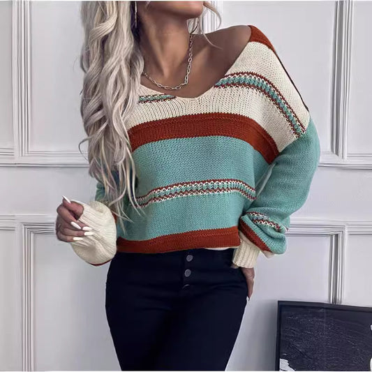 Women's V-neck Casual Loose Contrast Color Striped Pullover GlamzKart