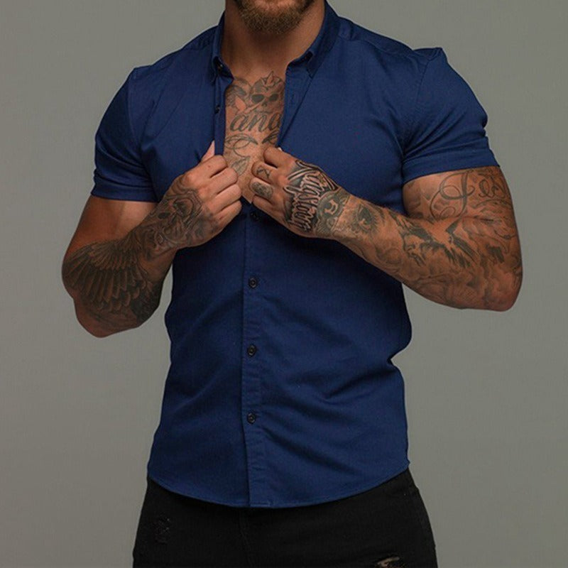 Short Sleeve Lapel Shirt Elastic Thin Solid Color Navy Blue GlamzKart