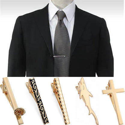 Black Enamel Silver Diagonal Stripes Tie Clip Cuff Buckle Set GlamzKart
