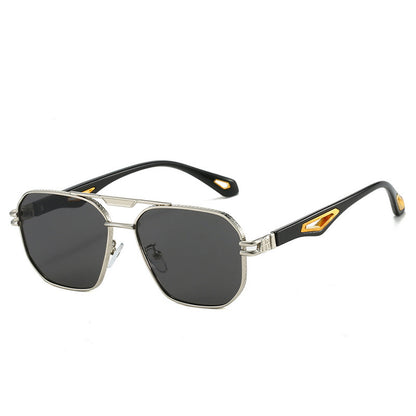 Men's Fashion Double Beam Box Hollow Sunglasses Silver Frame Black And Gray GlamzKart