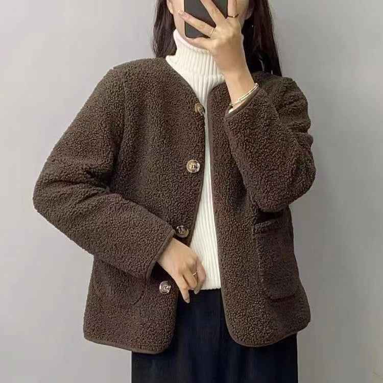 Round Neck Lamb Wool Loose Coat