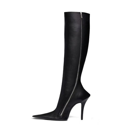 New Stiletto Heel Pointed Shaped Heel Side Zipper Knee-length Female Boots Black GlamzKart