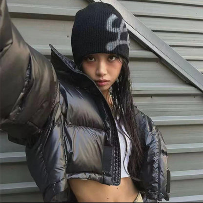 Street Style Letters Pile Heap Cap Beanie Hat Female Autumn And Winter Street Y Black M GlamzKart