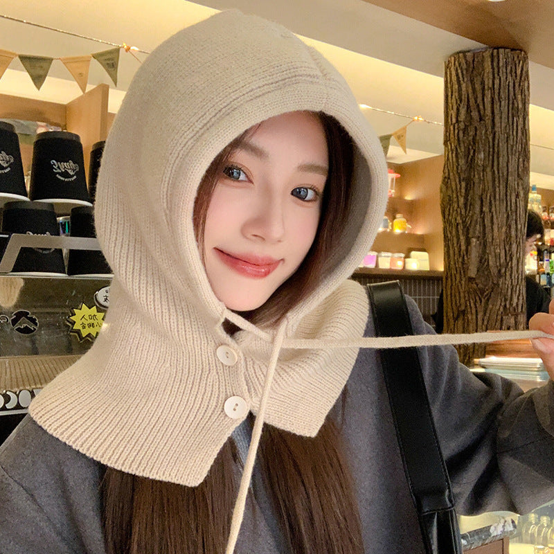 Fashionable Warm Hat Scarf Integrated Ear Protection Knitting Woolen Cap Beige Free Size GlamzKart