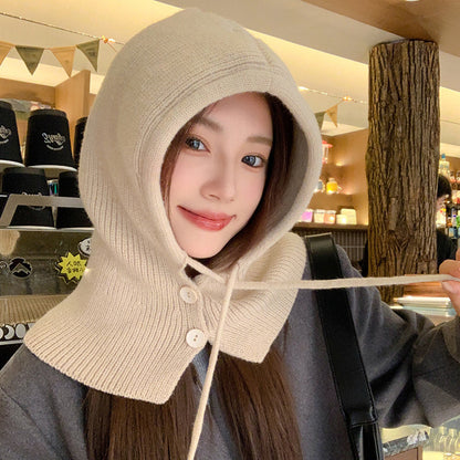 Fashionable Warm Hat Scarf Integrated Ear Protection Knitting Woolen Cap Beige Free Size GlamzKart
