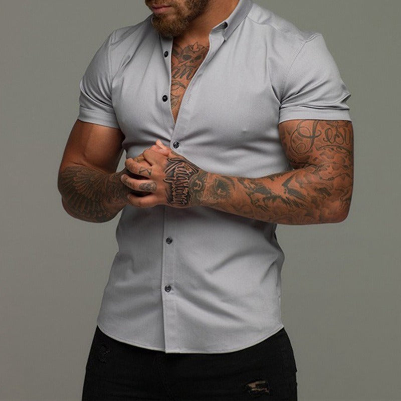 Short Sleeve Lapel Shirt Elastic Thin Solid Color GlamzKart