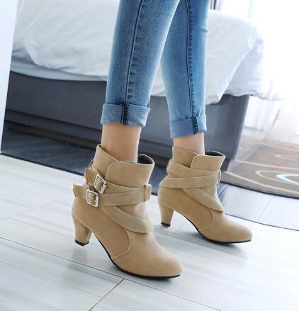 Winter Autumn Leather Casual Women High Heels Pumps Warm Ankle Boots Beige GlamzKart