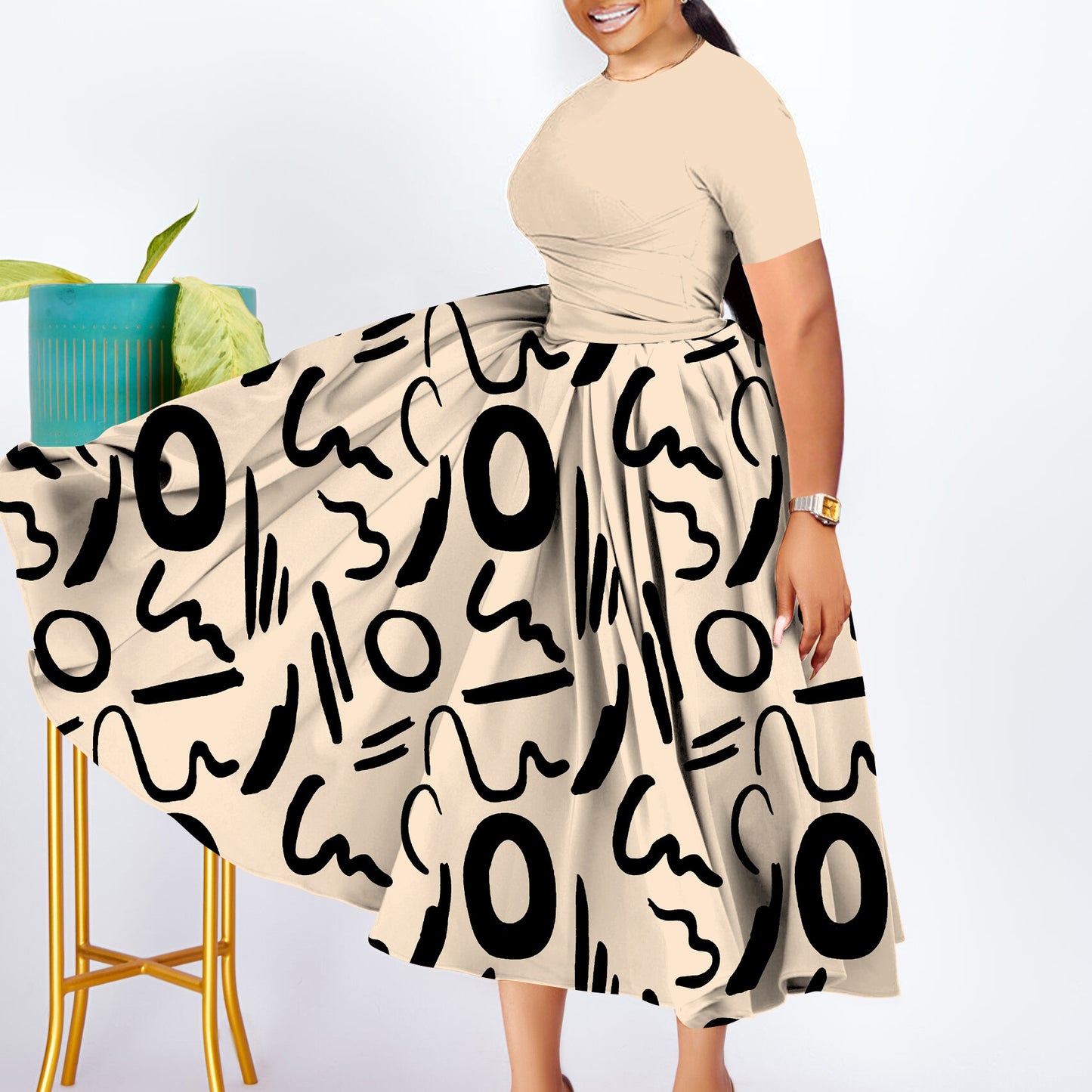Fashionable Elegant Pleated Swing Ladies Dress Khaki GlamzKart