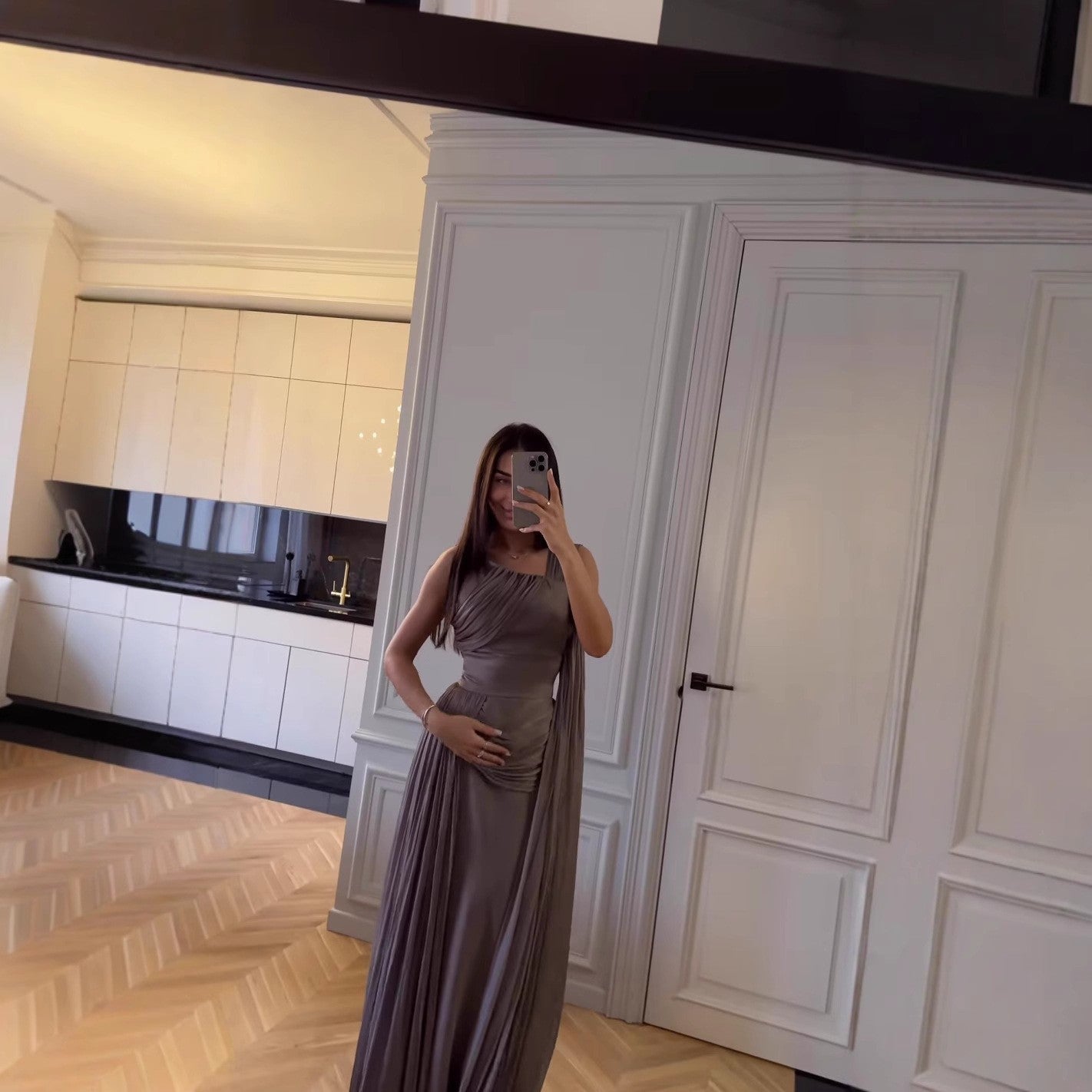 Pleated Ribbon Satin Evening Dress GlamzKart