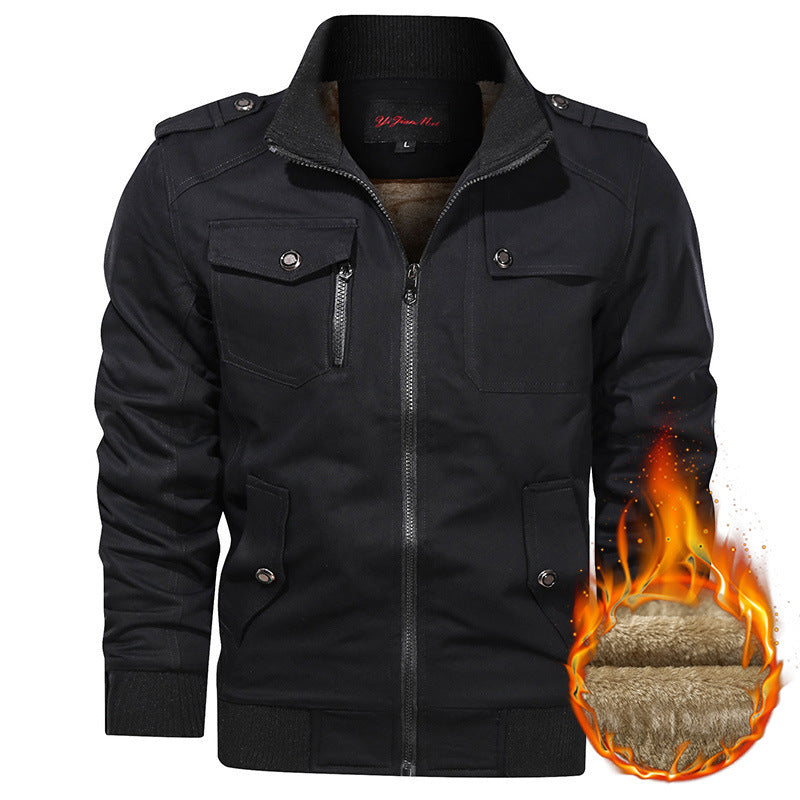 Fleece-lined Thickened Korean Style Casual Polo Collar Flight Jacket Warm-keeping Cotton Clothing Black GlamzKart
