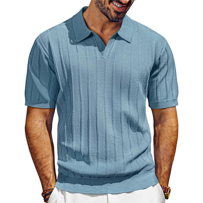 Men's Breathable V-neck Hollow Lapel Knitwear Sky Blue GlamzKart
