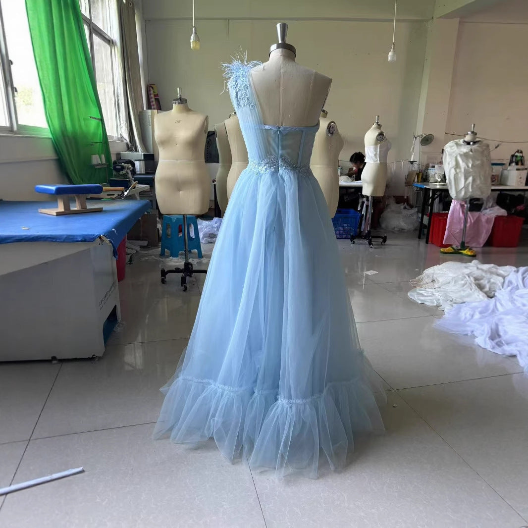 Blue One-shoulder Feather Wedding Dress GlamzKart