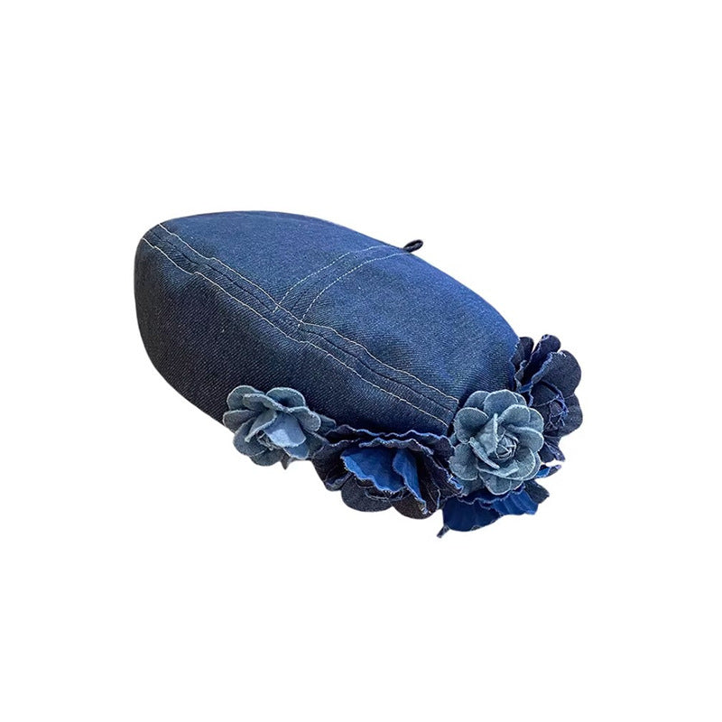 Japanese Minority Contrast Color Three-dimensional Flowers Denim Beret GlamzKart