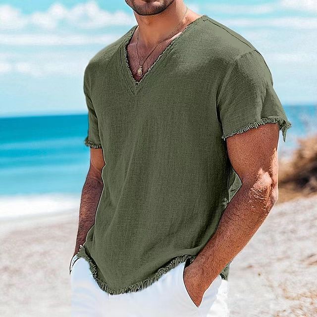 Men's Cotton And Linen Solid Color Short Sleeve Army Green GlamzKart