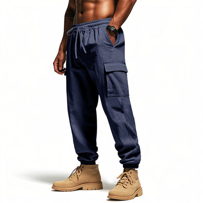 Loose Multi-pocket Workwear Ankle Banded Slacks Navy Blue GlamzKart