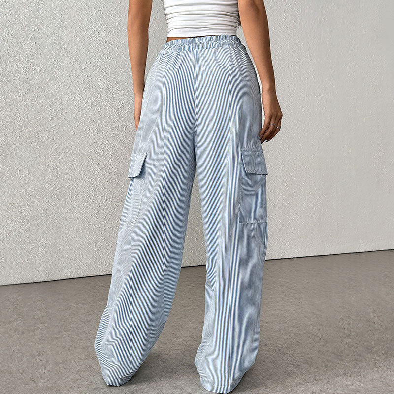 Women's Casual Elastic Striped Pocket Trousers GlamzKart