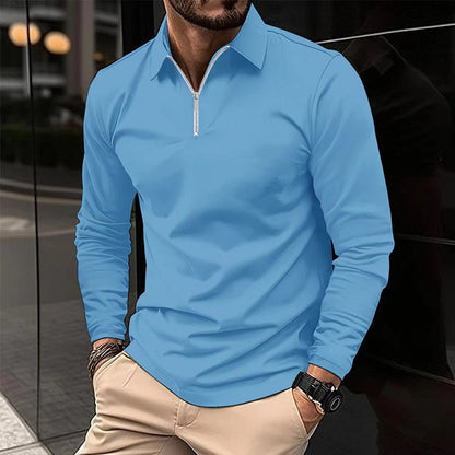 Zipper Men's Solid Color Long Sleeve Sports Polo Shirt GlamzKart