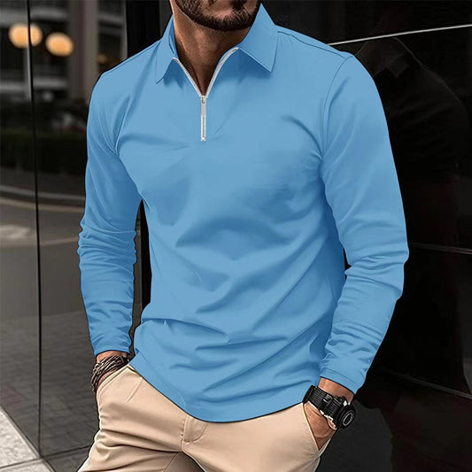 Zipper Men's Solid Color Long Sleeve Sports Polo Shirt GlamzKart