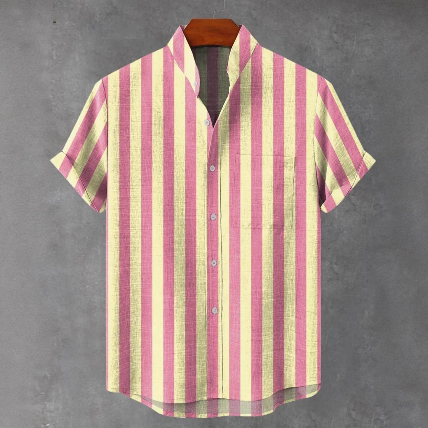 Men's Stand Collar Contrast Color Striped Casual Cool Versatile Short Sleeve GlamzKart
