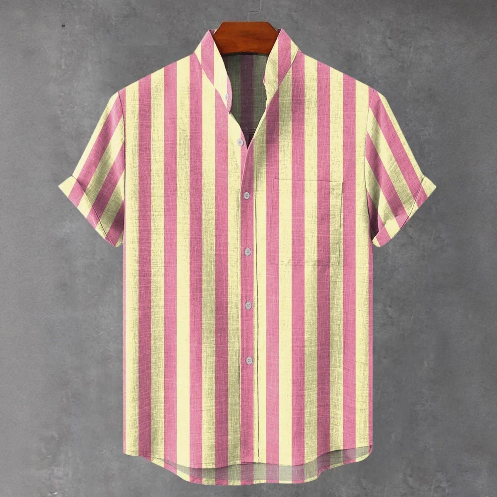 Men's Stand Collar Contrast Color Striped Casual Cool Versatile Short Sleeve GlamzKart