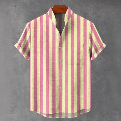 Men's Stand Collar Contrast Color Striped Casual Cool Versatile Short Sleeve GlamzKart